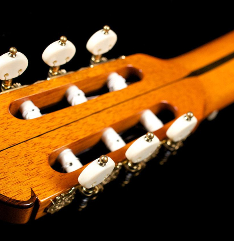 The back of the headstock of a 2009 Jose Ramirez "Centenario" classical guitar made of spruce and CSA rosewood