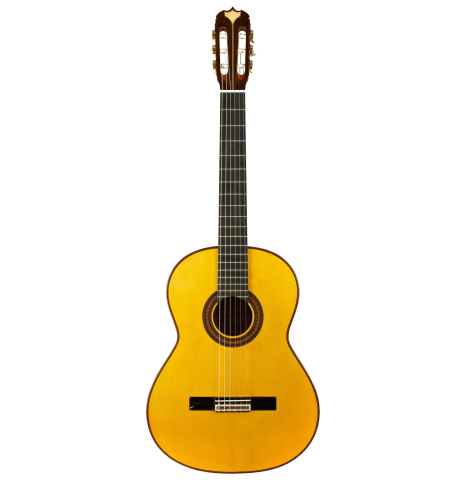 The front of a 2009 Jose Ramirez "Centenario" classical guitar made of spruce and CSA rosewood