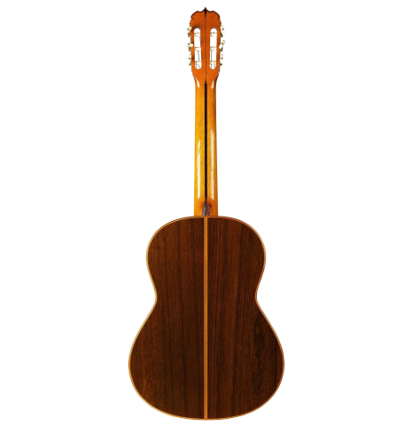 The back of a 2009 Jose Ramirez "Centenario" classical guitar made of spruce and CSA rosewood