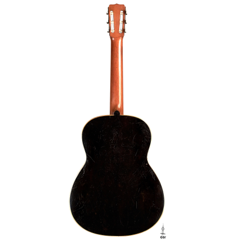 The back of a 1910 Jose Ramirez I classical guitar made of spruce and mahogany