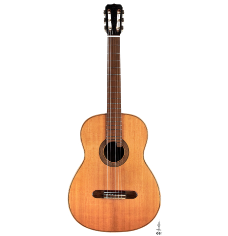 The front of a 1910 Jose Ramirez I classical guitar made of spruce and mahogany