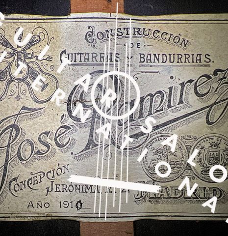 The label of a 1910 Jose Ramirez I classical guitar made of spruce and mahogany