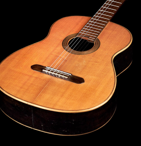 The front of a 1910 Jose Ramirez I classical guitar made of spruce and mahogany
