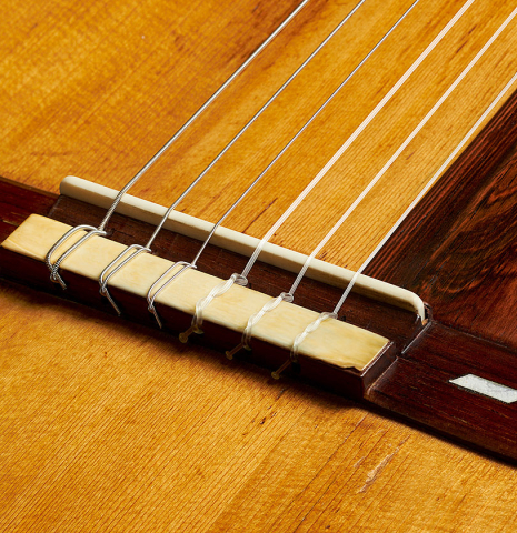 The bridge, tie-block, saddle and tap plate of a 1913 Jose Ramirez I (Romero collection) made of spruce and CSA rosewood