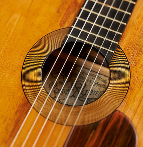 The soundboard and rosette of a 1913 Jose Ramirez I (Romero collection) made of spruce and CSA rosewood