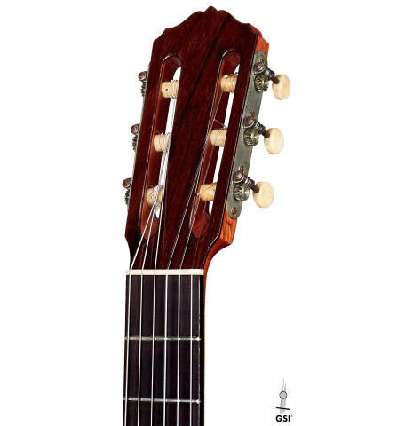 The headstock of a 1912 Manuel Ramirez classical guitar made of spruce and CSA rosewood