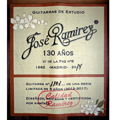This is the label of a Jose Ramirez "130 Anos" classical guitar built in 2014. It has a spruce soundboard and Indian rosewood back and sides.