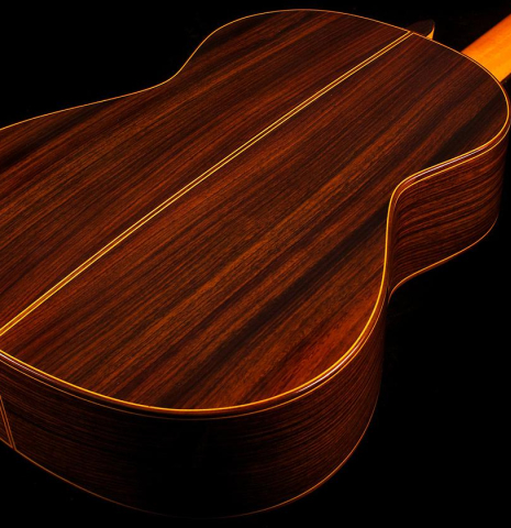 This is the back and sides of a Jose Ramirez "130 Anos" classical guitar built in 2014. It has a spruce soundboard and Indian rosewood back and sides.