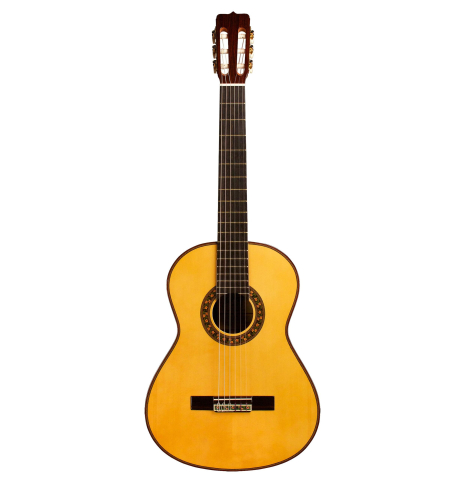 This is the front of a Jose Ramirez "130 Anos" classical guitar built in 2014 on a white background. It has a spruce soundboard and Indian rosewood back and sides.