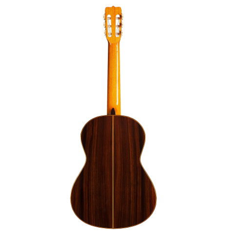 This is the back of a Jose Ramirez "130 Anos" classical guitar built in 2014 on a white background. It has a spruce soundboard and Indian rosewood back and sides.