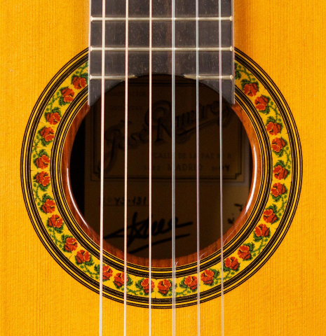 The rosette of a 2004 Jose Ramirez "1a" classical guitar made of cedar and CSA rosewood