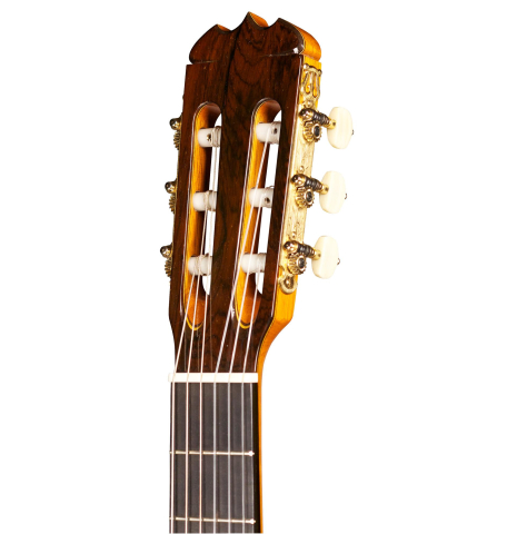 The headstock of a 2004 Jose Ramirez "1a" classical guitar made of cedar and CSA rosewood