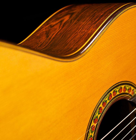 The top and side of a 2004 Jose Ramirez "1a" classical guitar made of cedar and CSA rosewood