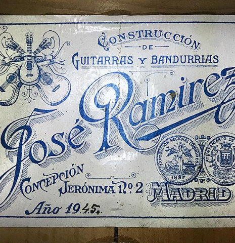 The label of a 1945 Jose Ramirez II classical guitar made of spruce and cypress