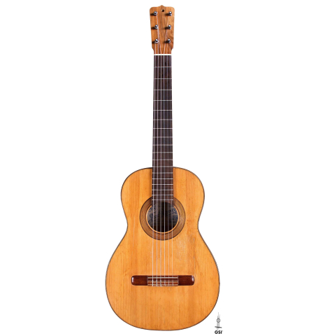 The front of a 1945 Jose Ramirez II classical guitar made of spruce and cypress