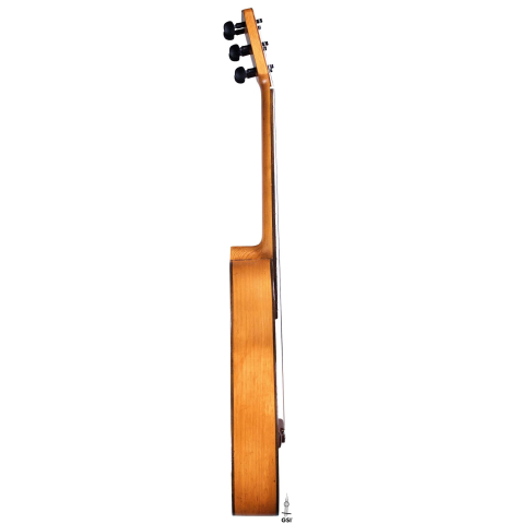 The side of a 1945 Jose Ramirez II classical guitar made of spruce and cypress