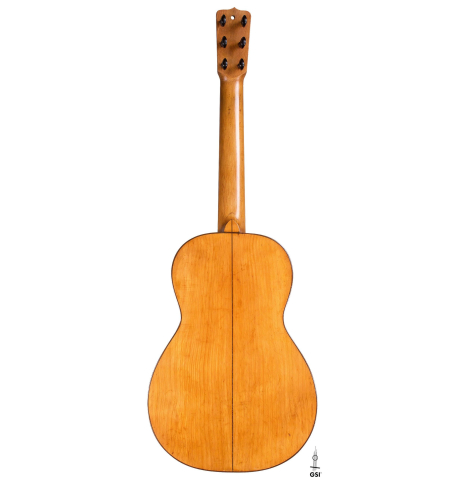 The back of a 1945 Jose Ramirez II classical guitar made of spruce and cypress