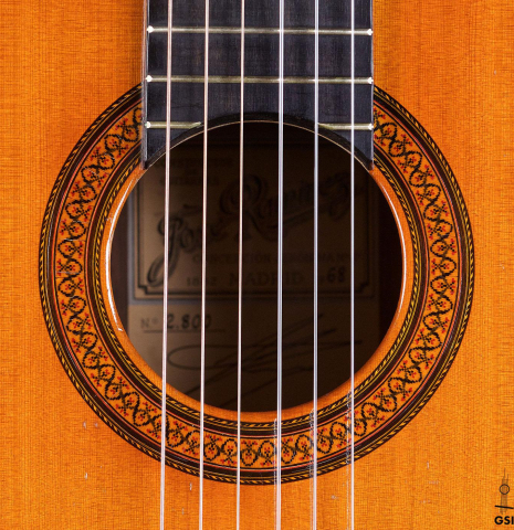 The rosette of a 1968 Jose Ramirez "1a MT" classical guitar made of cedar and Indian rosewood