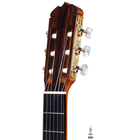 The headstock of a 1968 Jose Ramirez "1a MT" classical guitar made of cedar and Indian rosewood