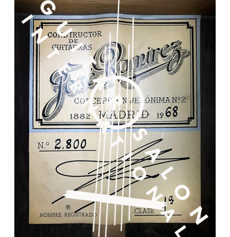 The label of a 1968 Jose Ramirez "1a MT" classical guitar made of cedar and Indian rosewood
