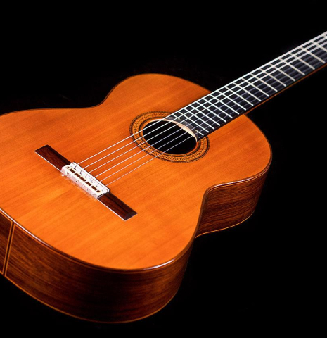The soundboard of a 1968 Jose Ramirez "1a MT" classical guitar made of cedar and Indian rosewood