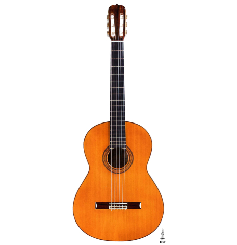 The front of a 1968 Jose Ramirez "1a MT" classical guitar made of cedar and Indian rosewood