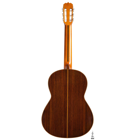 The back of a 1968 Jose Ramirez "1a MT" classical guitar made of cedar and Indian rosewood