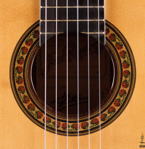 The rosette of a 2004 Jose Ramirez "1a" classical guitar made of spruce and CSA rosewood