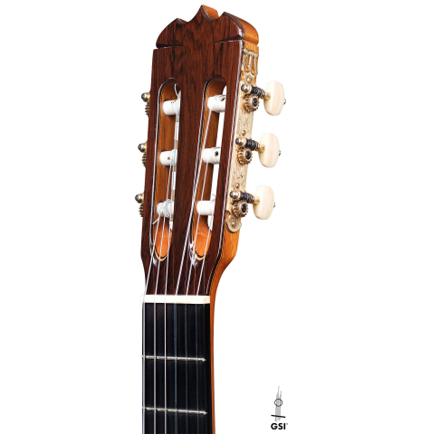 The headstock of a 2004 Jose Ramirez "1a" classical guitar made of spruce and CSA rosewood