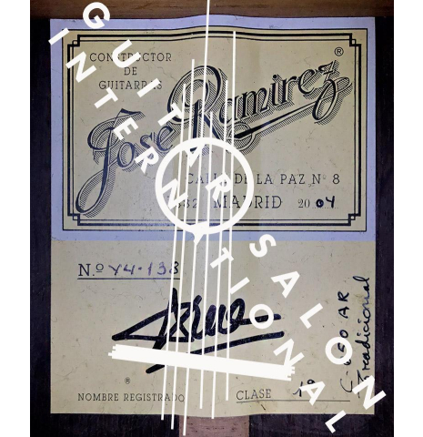 The label of a 2004 Jose Ramirez "1a" classical guitar made of spruce and CSA rosewood