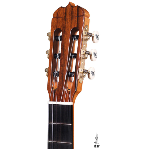 The headstock of a 2019 Jose Ramirez "1a C650" classical guitar made of cedar and African rosewood