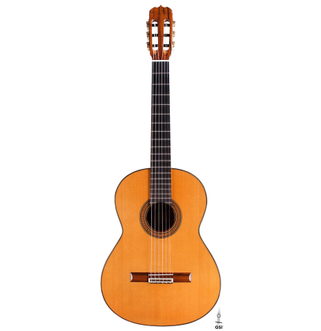 The front of a 2019 Jose Ramirez "1a C650" classical guitar made of cedar and African rosewood