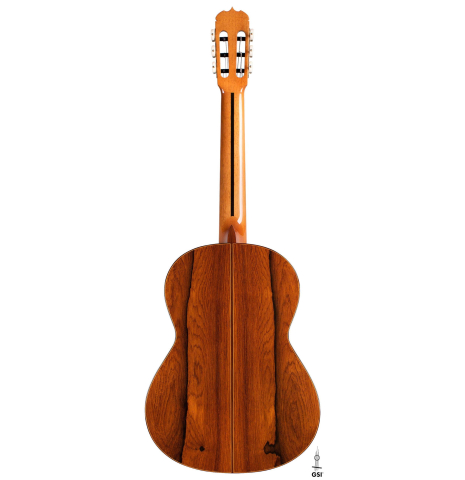 The back of a 2019 Jose Ramirez "1a C650" classical guitar made of cedar and African rosewood