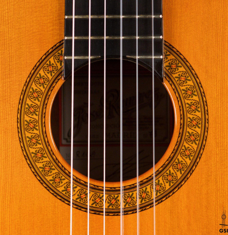 The rosette of a 1973 Jose Ramirez "2a" classical guitar made of cedar and CSA rosewood