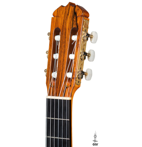 The headstock of a 1973 Jose Ramirez "2a" classical guitar made of cedar and CSA rosewood