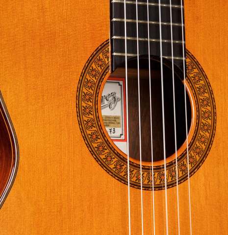 The soundboard of a 1973 Jose Ramirez "2a" classical guitar made of cedar and CSA rosewood