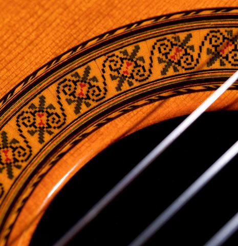 Close-up detail of the rosette of a 1973 Jose Ramirez "2a" classical guitar made of cedar and CSA rosewood
