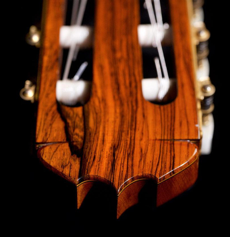 The headstock and tuning machines of a 1973 Jose Ramirez "2a" classical guitar made of cedar and CSA rosewood