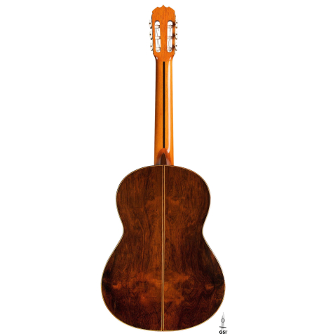 The back of a 1973 Jose Ramirez "2a" classical guitar made of cedar and CSA rosewood