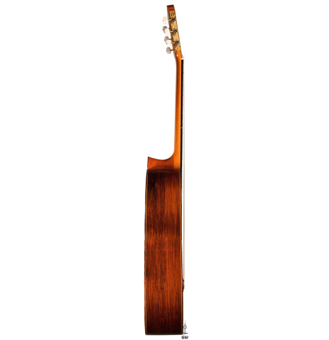 The side of a 1973 Jose Ramirez "2a" classical guitar made of cedar and CSA rosewood
