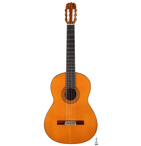 The front of a 1973 Jose Ramirez "2a" classical guitar made of cedar and CSA rosewood