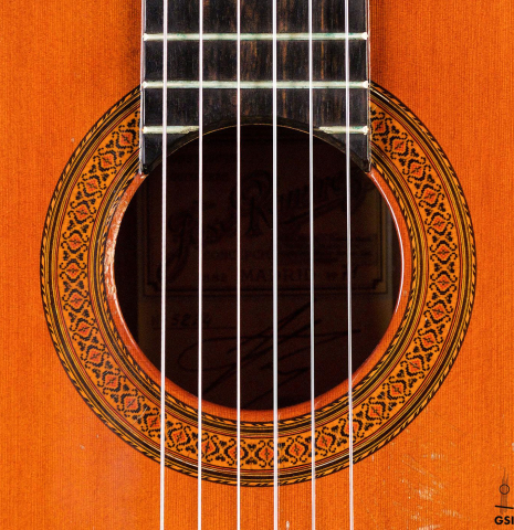 The rosette of a 1971 Jose Ramirez "1a" classical guitar made of cedar and CSA rosewood