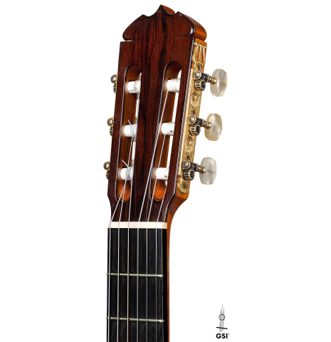 The headstock of a 1971 Jose Ramirez "1a" classical guitar made of cedar and CSA rosewood