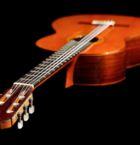 View from the headstock of a 1971 Jose Ramirez "1a" classical guitar made of cedar and CSA rosewood