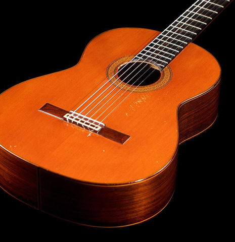 The soundboard of a 1971 Jose Ramirez "1a" classical guitar made of cedar and CSA rosewood