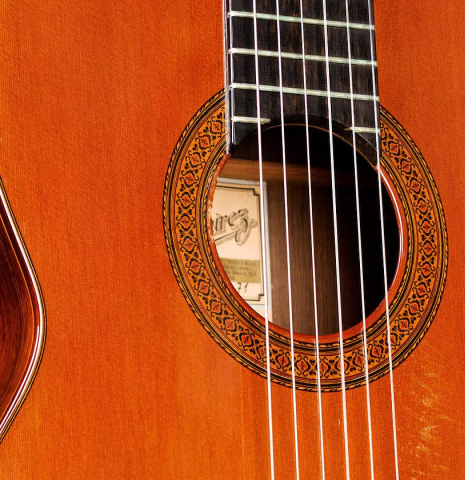 The top and rosette of a 1971 Jose Ramirez "1a" classical guitar made of cedar and CSA rosewood