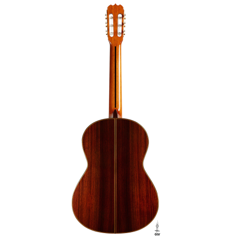The back of a 2001 Jose Ramirez "1a Tradicional" classical guitar made of cedar and Indian rosewood