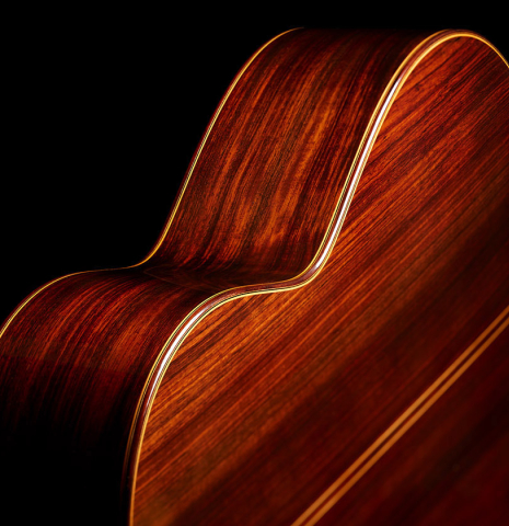 The back and sides of a 2001 Jose Ramirez "1a Tradicional" classical guitar made of cedar and Indian rosewood