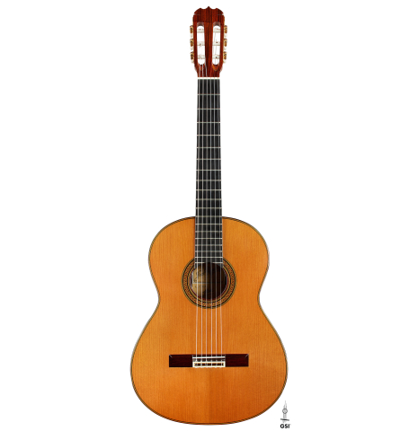 The front of a 2001 Jose Ramirez "1a Tradicional" classical guitar made of cedar and Indian rosewood