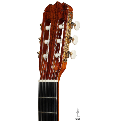 The headstock of a 2001 Jose Ramirez "1a Tradicional" classical guitar made of cedar and Indian rosewood